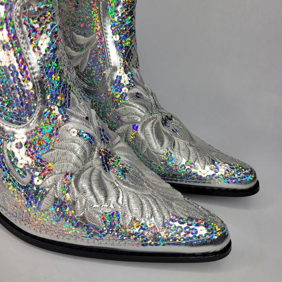 NEW Helen's Heart Embroidered Sequin Silver Metallic Cowboy Booties Size 10 - Picture 5 of 12